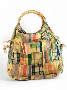 Vintage Y2K J. Crew Madras Plaid Patchwork Hobo Bag Bamboo Handle